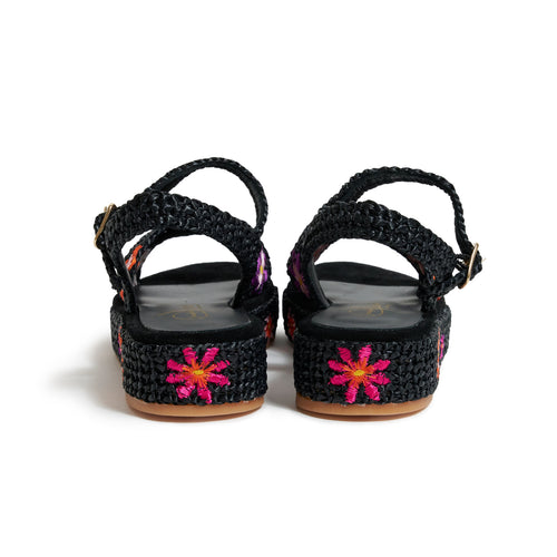 Women's Cord Platform Sandals with Flowers in black