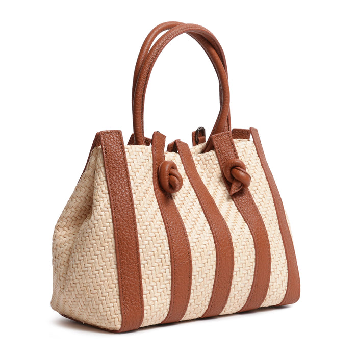 Stripes Canvas and Deer Leather Medium Shopping Bag in Cuoio
