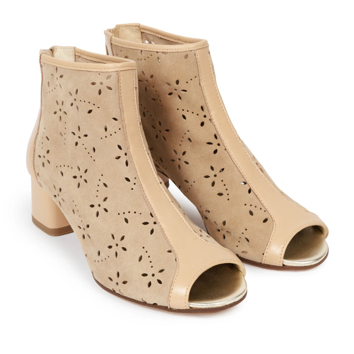 Women Open Toe Ankle Booties in Lasered Suede Beige