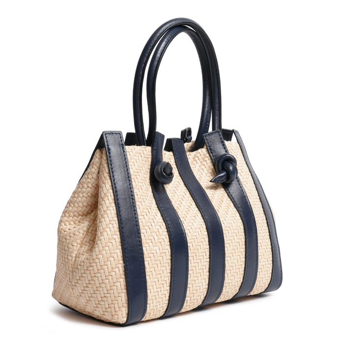 Stripes Canvas and Leather Medium Shopping Bag in Nappa Carta da Zucchero