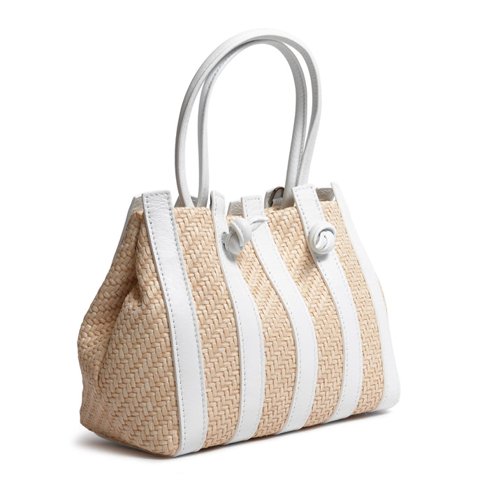 Stripes Canvas and Leather Medium Shopping Bag in Nappa White