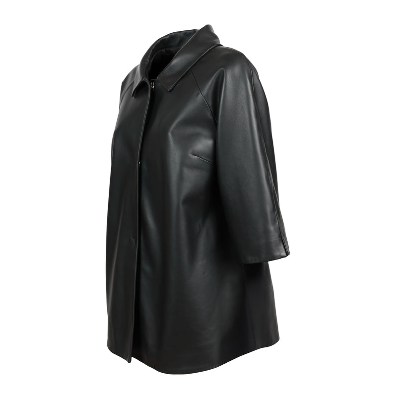 Women Cropped Long Nappa Leather Jacket in Black