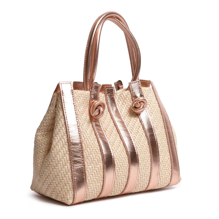 Stripes Canvas and Leather Medium Shopping Bag in Laminated Rose Gold