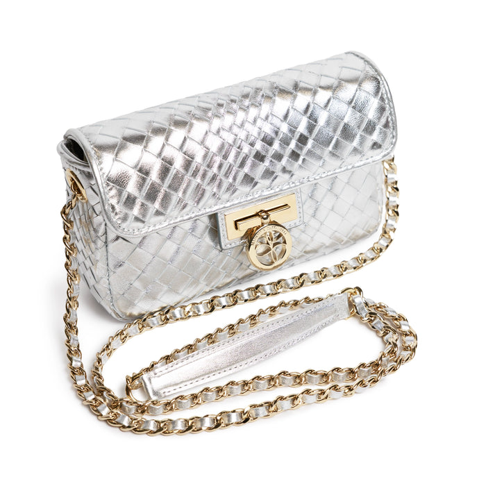 Chicca Women's Intrecciato Optical Leather Bag in Laminated Silver
