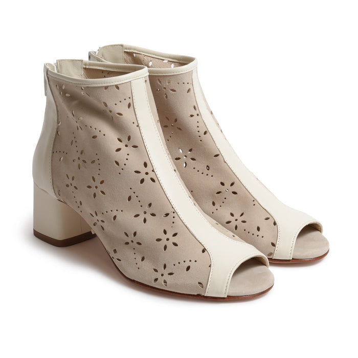 Women Open Toe Ankle Booties in Lasered Suede Ivory