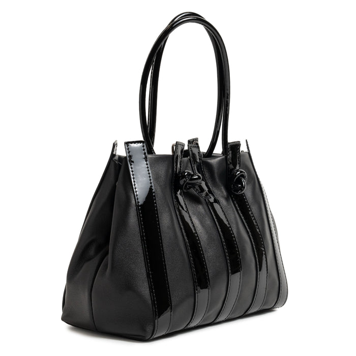 Stripes Medium Shopping Bag in Black Nappa and Patent Leather