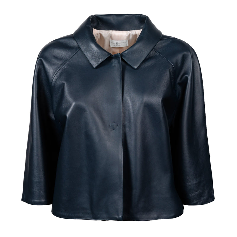 Women Cropped Nappa Leather Jacket in Blue Navy