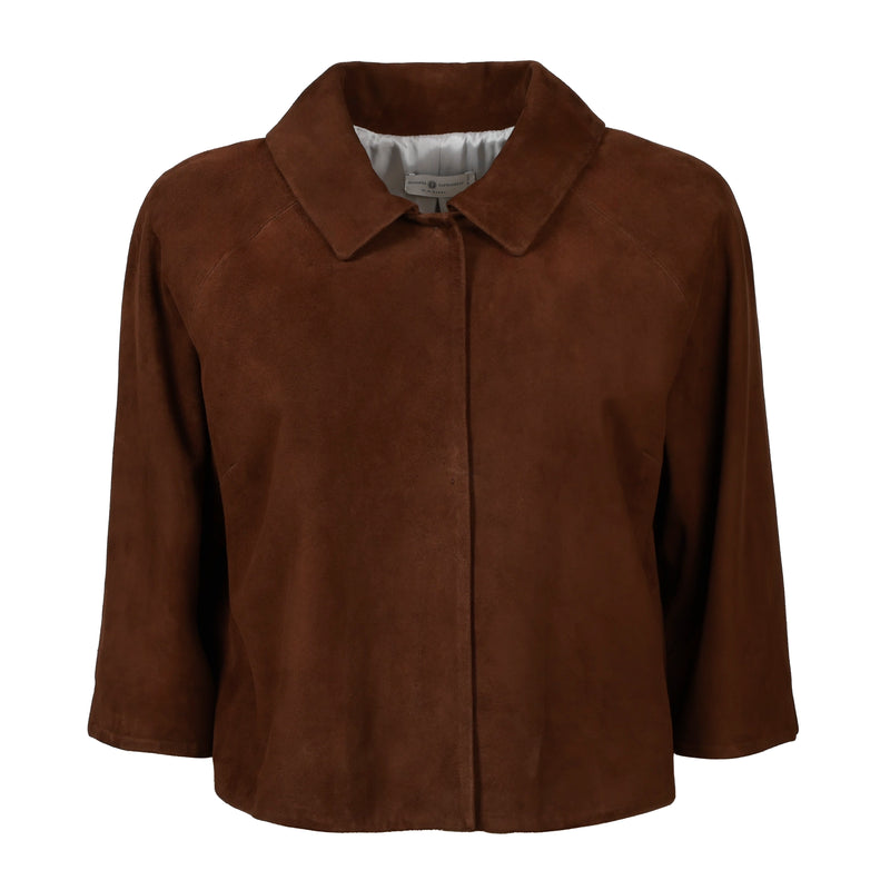 Women Cropped Suede Leather Jacket in Chocolate