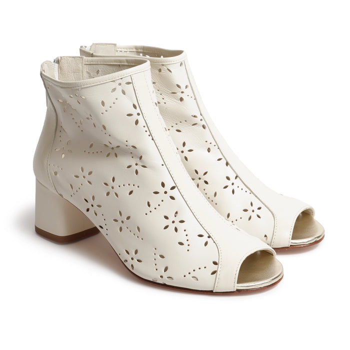 Women Open Toe Ankle Booties in Lasered Nappa Ivory