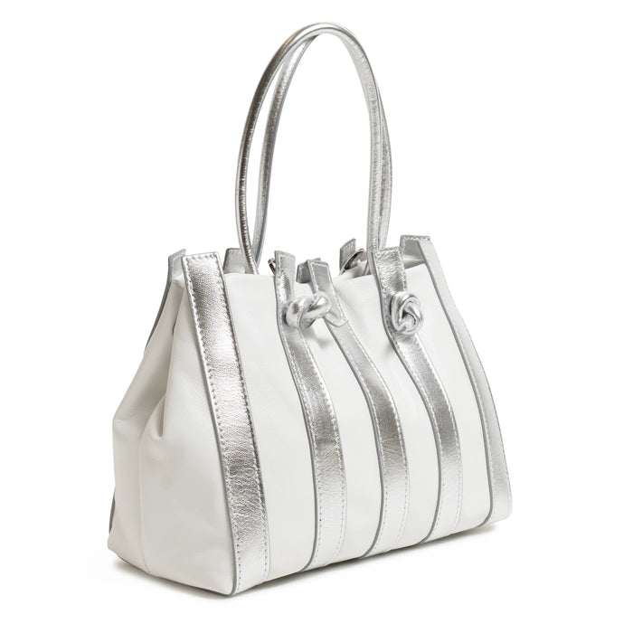 Stripes Medium Shopping Bag in White and Silver Nappa Leather