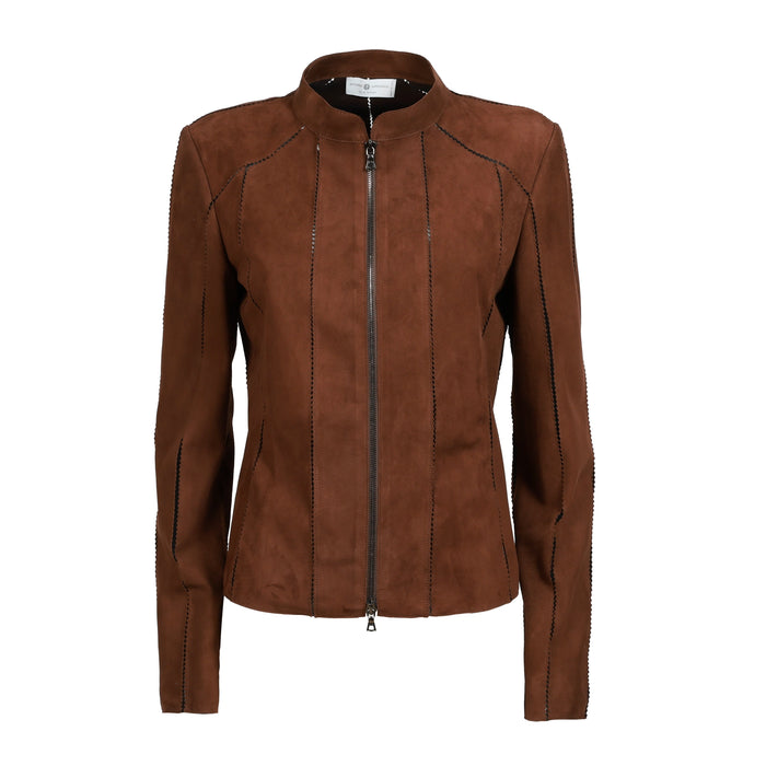 Astrid Short Leather Stretch Jacket in Suede Chocolate