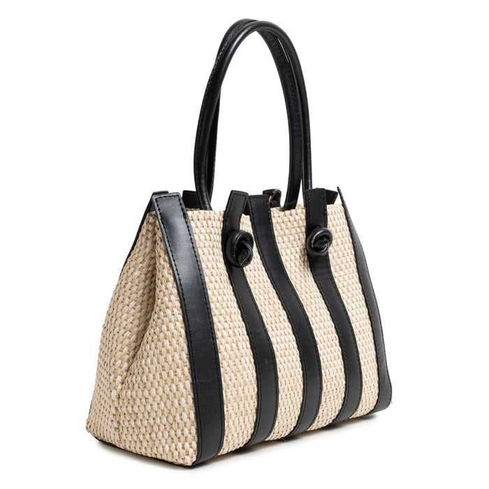 Stripes Canvas and Leather Medium Shopping Bag in Nappa Black