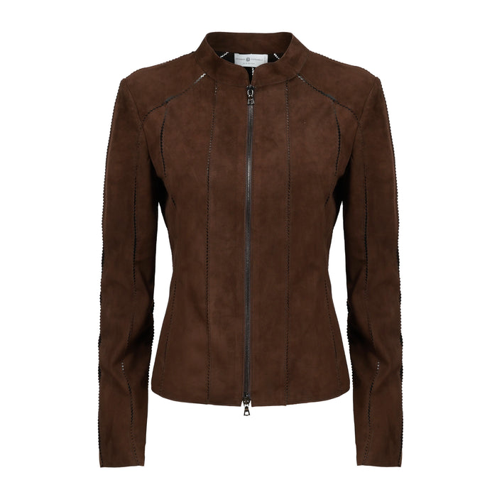 Astrid Short Leather Stretch Jacket in Suede Testa di Moro
