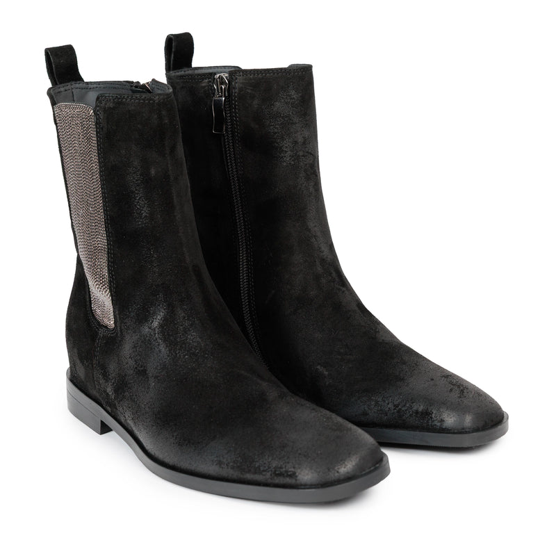 Women's Boots in Black Suede with Metallic Elastic