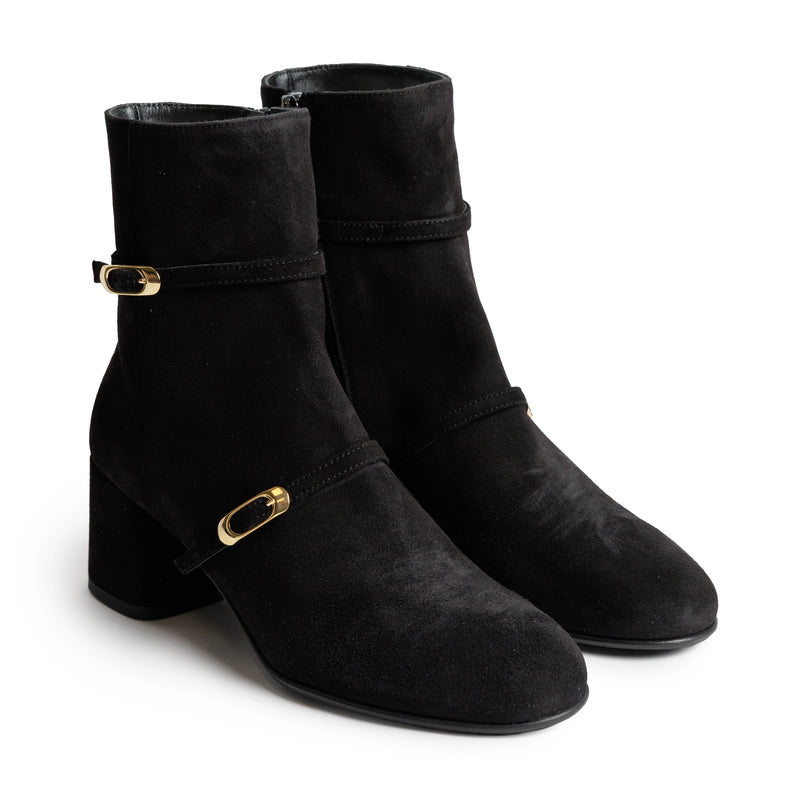 Women's Black Suede Ankle Boots with Gold Buckles
