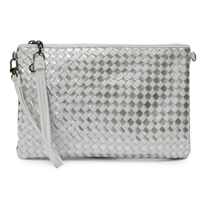 Women Intrecciato Laminated Leather Pouch in White and Silver