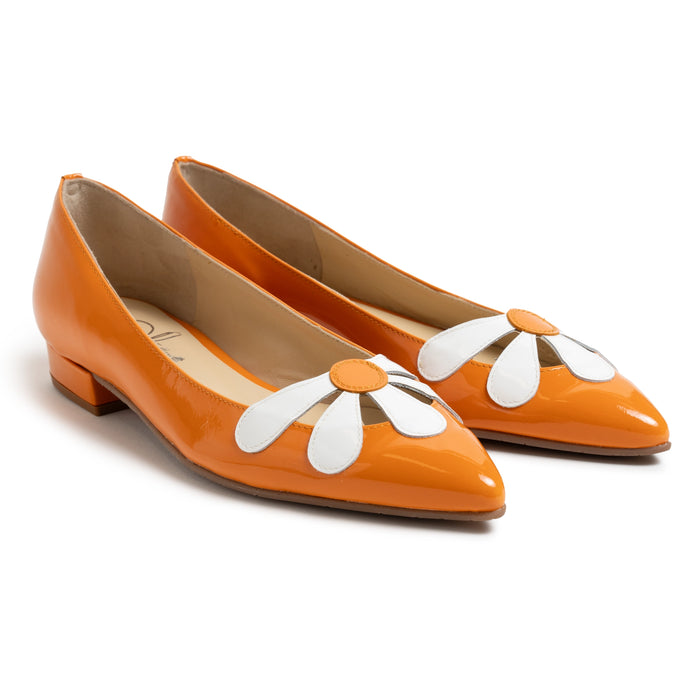 Women Pointed Ballet Flats With Flower in Orange