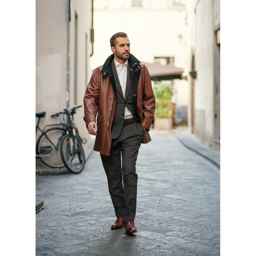 Men Reversible Leather Coat in Cuoio - Jennifer Tattanelli