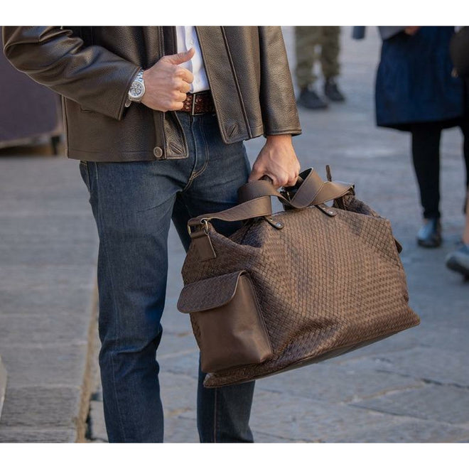 Leather Duffle Large Travel Bag in Intrecciato Brown - Jennifer Tattanelli
