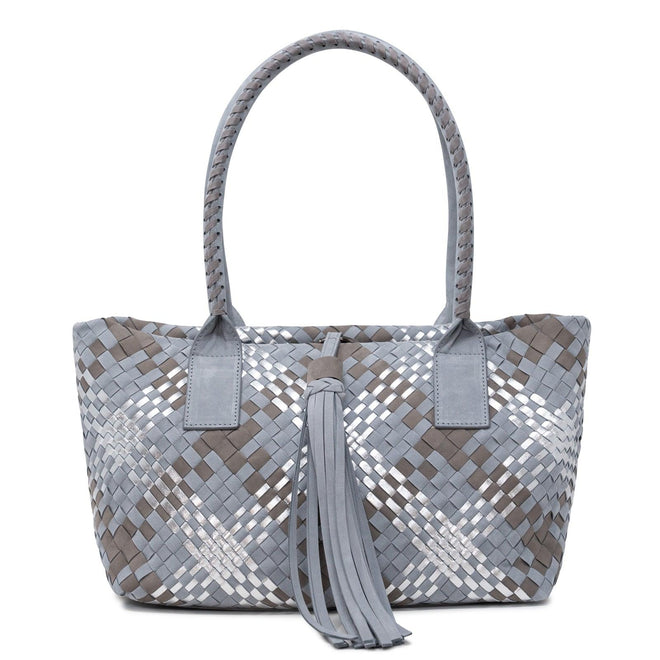Sophia Petite Intrecciato Scozzese Zippered Shopping Bag in Pearl Grey, Taupe and Silver - Jennifer Tattanelli