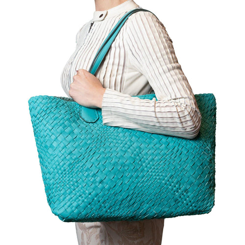 Women Leather Intreccio Optical Reversible Bag in Blue Marine and Salvia - Jennifer Tattanelli