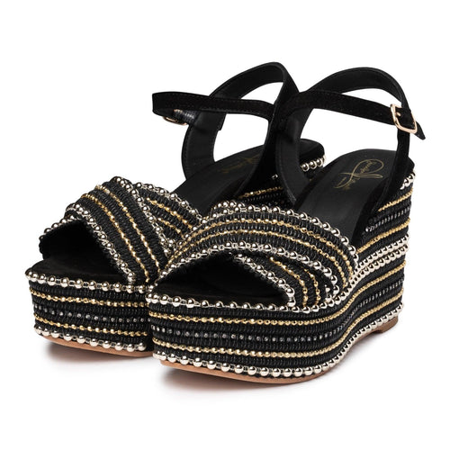 Women's Studded Platform Wedge Sandals in Black Nevia - Jennifer Tattanelli