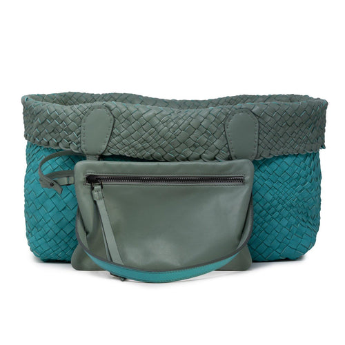 Women Leather Intreccio Optical Reversible Bag in Blue Marine and Salvia - Jennifer Tattanelli