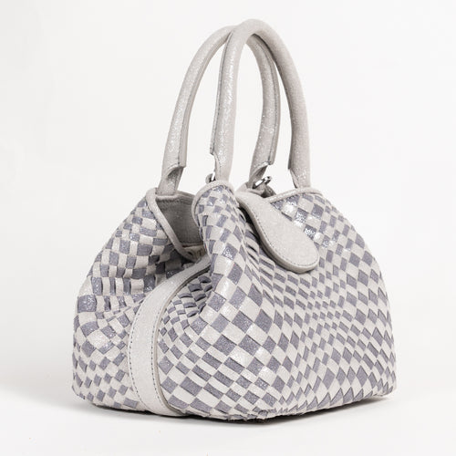 Women's Pearl Grey and Bluette Shimmer Leather Lucia Bag Intreccio Optical