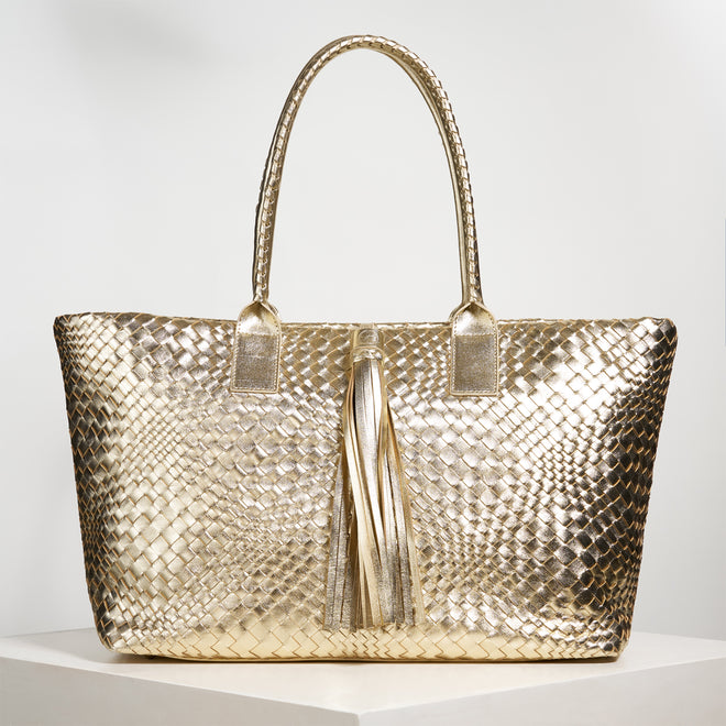 Sophia Maxi Intreccio Optical Zippered Bag in Laminated Leather Platino