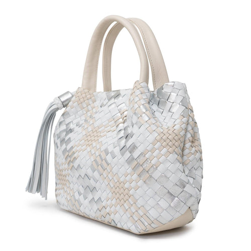 Women's Top Handle Bag With Tassel in White, Silver and Beige - Jennifer Tattanelli