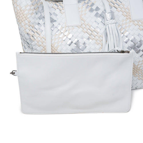 Sophia Maxi Zippered Intrecciato Scozzese Bag in White, Silver and Beige - Jennifer Tattanelli