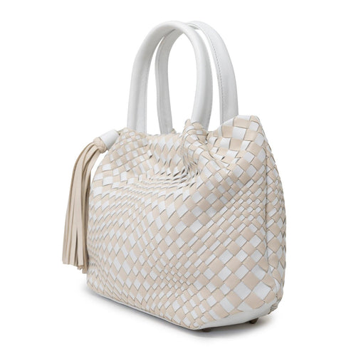 Women's Top Handle Bag With Tassel in Beige and White - Jennifer Tattanelli