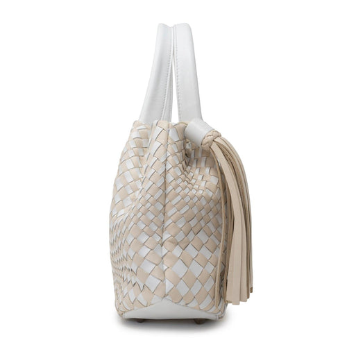 Women's Top Handle Bag With Tassel in Beige and White - Jennifer Tattanelli