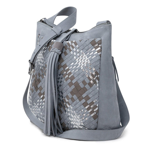 Women's Leather Intreccio Scozzese Crossbody Bag in Pearl Grey, Taupe and Silver - Jennifer Tattanelli