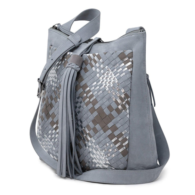 Women's Leather Intreccio Scozzese Crossbody Bag in Pearl Grey, Taupe and Silver - Jennifer Tattanelli