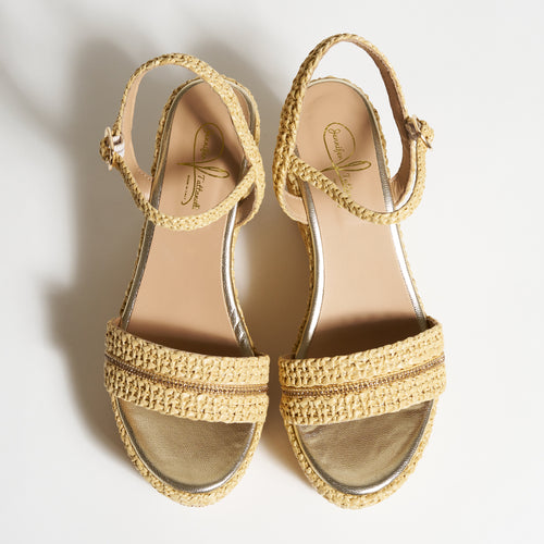 Women's Beige Cord Platform Wedge Sandals with Gold details