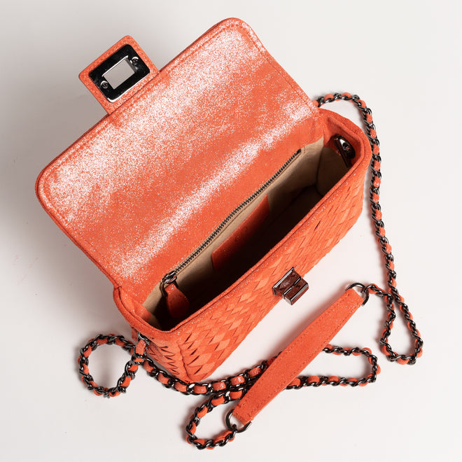 Women's Orange Nappa Shimmer Leather Chicca Bag Intreccio Quadro