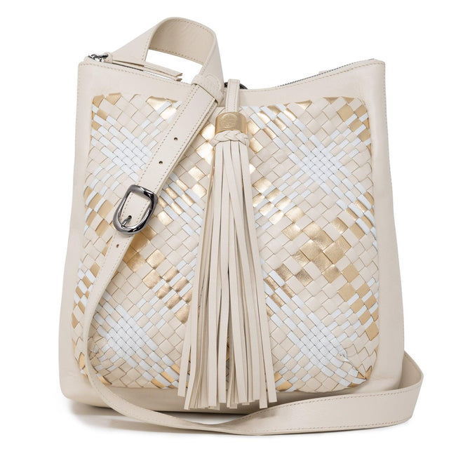 Women's Leather Intreccio Scozzese Crossbody Bag in Beige, Gold and White - Jennifer Tattanelli