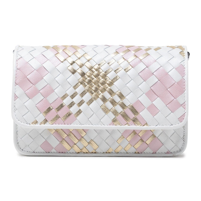 Small Woman Leather Cross Body Clutch Intreccio Scozzese in Pearled White, Pink and Platinum - Jennifer Tattanelli