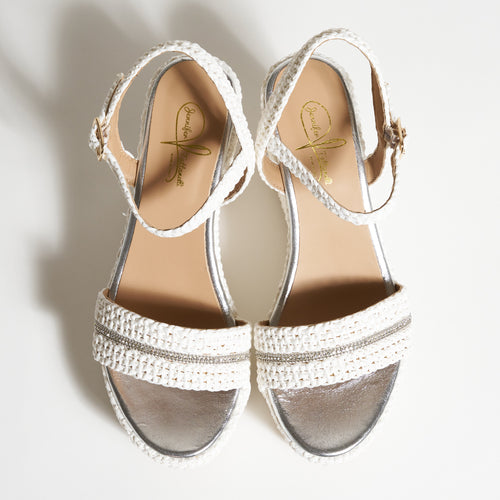 Women's White Cord Platform Wedge Sandals with Silver details