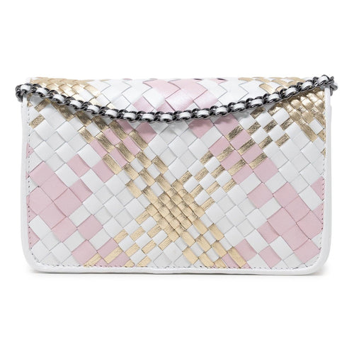 Small Woman Leather Cross Body Clutch Intreccio Scozzese in Pearled White, Pink and Platinum - Jennifer Tattanelli