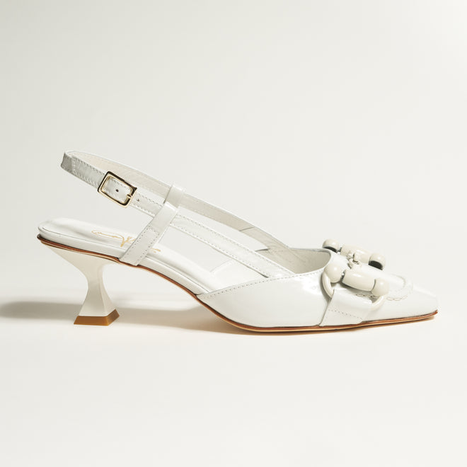 Women's White Patent Leather Pumps with Museum Low Heel