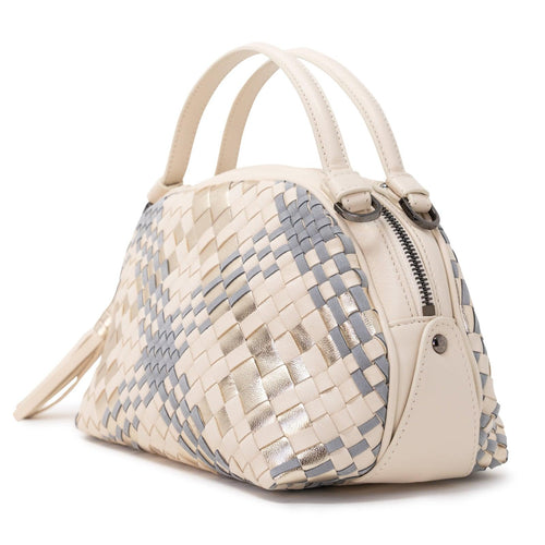 Women's Oval Top Handle Leather Bag in Beige, Gold and Grey Intreccio Scozzese - Jennifer Tattanelli