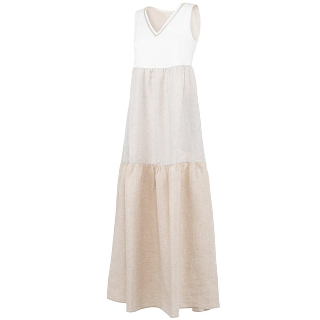 Women's Long Linen Sleeveless Dress in Beige - Jennifer Tattanelli