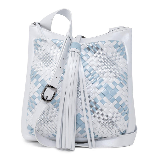 Women's Leather Intreccio Scozzese Crossbody Bag in Pearled White, Silver and Pearled Light Blue - Jennifer Tattanelli