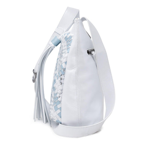 Women's Leather Intreccio Scozzese Crossbody Bag in Pearled White, Silver and Pearled Light Blue - Jennifer Tattanelli