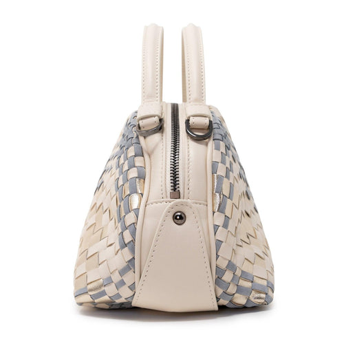 Women's Oval Top Handle Leather Bag in Beige, Gold and Grey Intreccio Scozzese - Jennifer Tattanelli