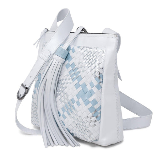 Women's Leather Crossbody Bag Intreccio Scozzese in Pearled White, Silver and Pearled Light Blue - Jennifer Tattanelli