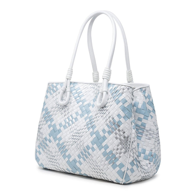 Women Intrecciato Scozzese Top Handle Bag in Pearled White, Silver and Pearled Light Blue - Jennifer Tattanelli
