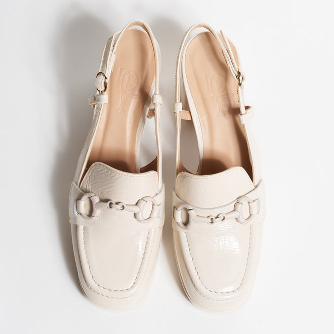 Women Patent Leather Slingback Loafer with Block Heel in White Milk